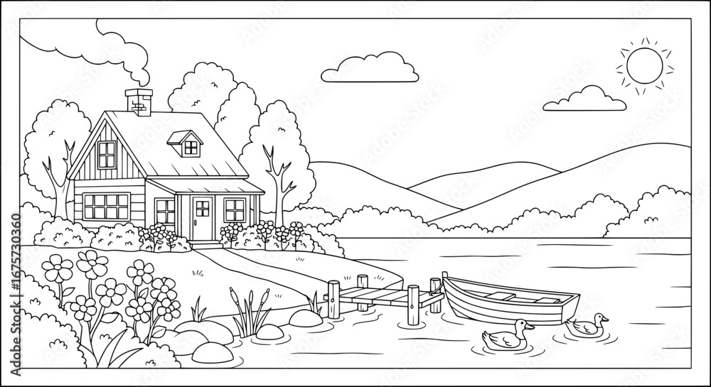 Obraz premium Landscape with house, trees, lake, and mountains with transparent background