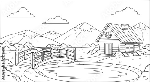 Mountain landscape with house and bridge with transparent background