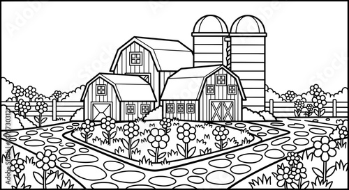 Farm buildings and silos with transparent background