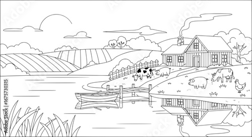 Rural landscape with farm house and animals with transparent background