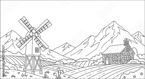 Scenic mountain landscape with windmill and house with transparent background