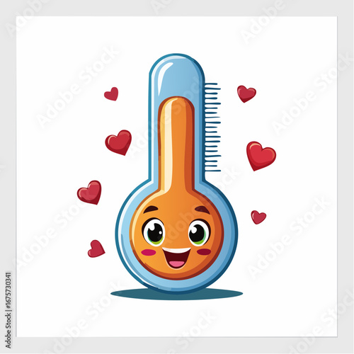 Adorable kawaii thermometer character with a smiling face surrounded by red hearts. A cute and cheerful illustration representing love fever, warmth, and healthcare