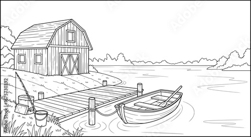Barn with dock and boat on water with transparent background