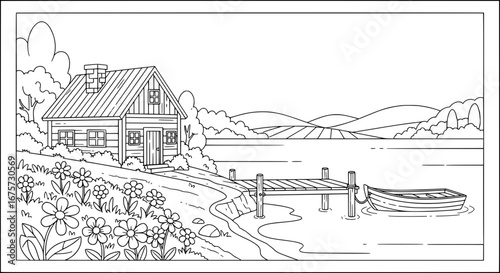 Scenic lakeside cabin with transparent background