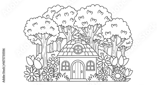 House surrounded by trees and flowers with transparent background