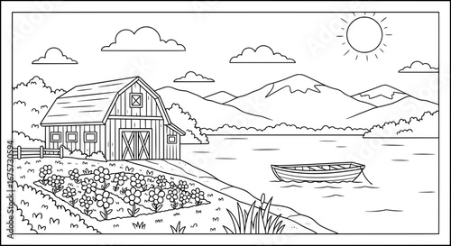 Mountain landscape with lake and barn with transparent background