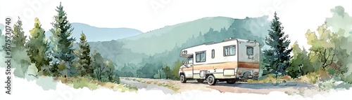 A serene watercolor illustration of a camper van parked along a scenic road, surrounded by lush greenery and mountains in the backdrop.