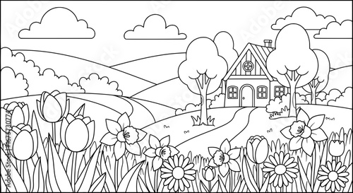 Black and white landscape with trees and house with transparent background