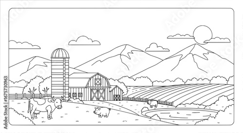 Farm landscape with mountains and animals with transparent background