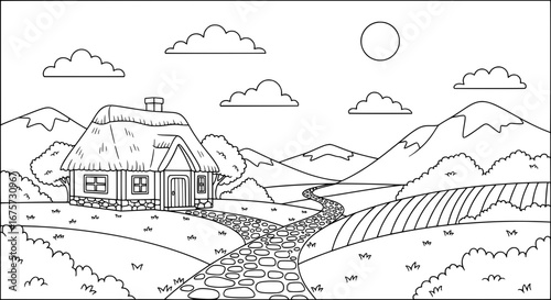 Mountain countryside scene with house and river with transparent background