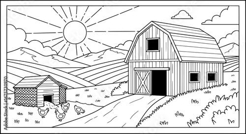 Sunrise over farm with barn and chicken coop