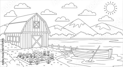 Farmhouse with mountain background and lake with transparent background