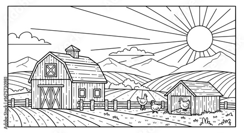 Farm landscape with barns, chickens, and rolling hills with transparent background