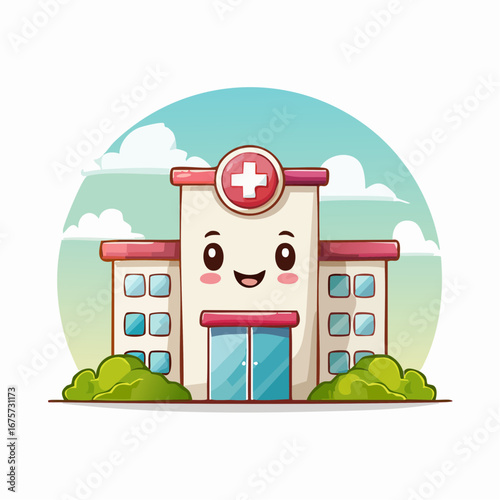 Cute cartoon hospital building with a friendly face