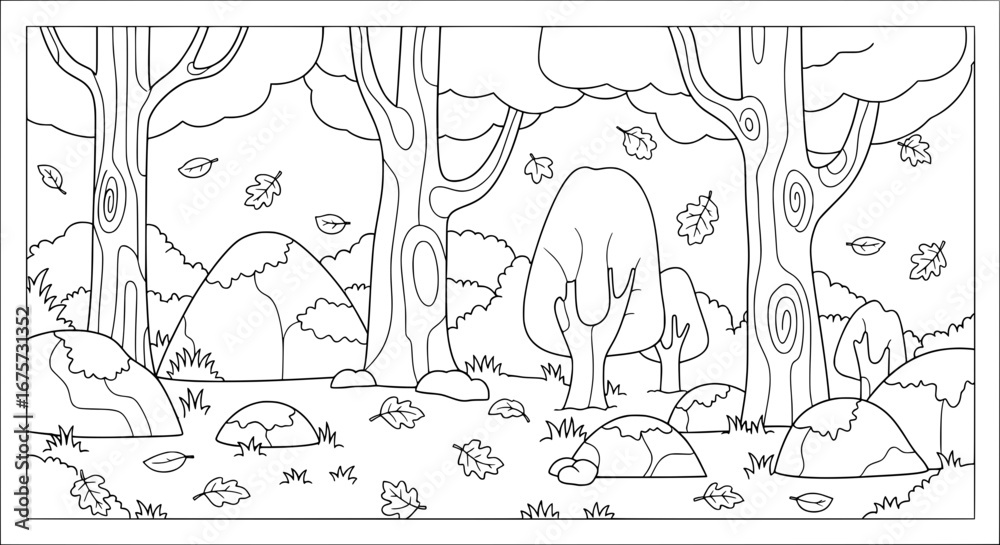 Seamless pattern of trees and leaves with transparent background