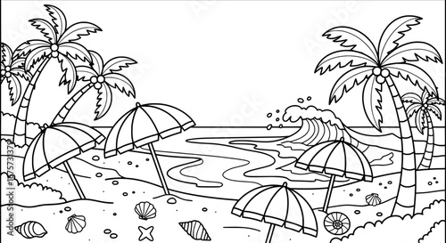 Beach scene with palm trees umbrellas and seashells with transparent background