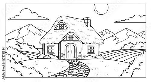 Mountain landscape with thatched cottage and transparent background