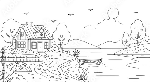 Rural landscape with house trees and river with transparent background