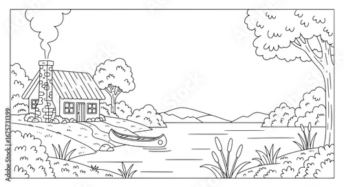 Rural lakeside landscape with trees and cabin with transparent background