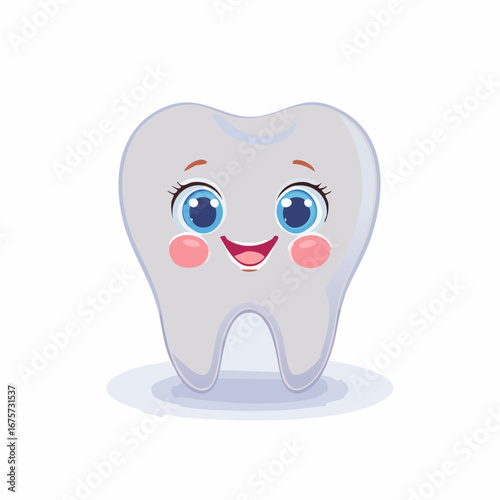 Joyful cartoon tooth character with big eyes and a friendly smile, representing a positive concept for pediatric dental care and oral hygiene education