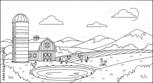 Farmyard scene with barn animals and mountains with transparent background