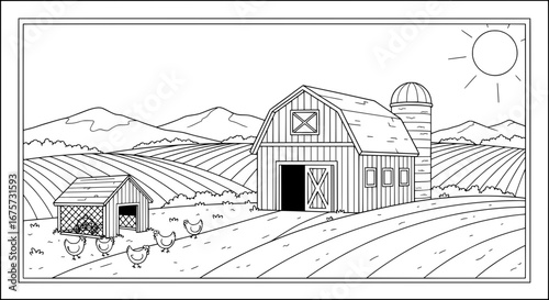 Farm with barn and silo with transparent background
