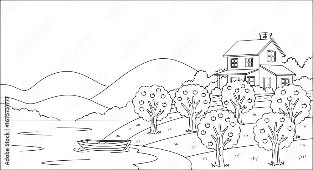 Fototapeta premium Line drawing of house with orchard and river with transparent background