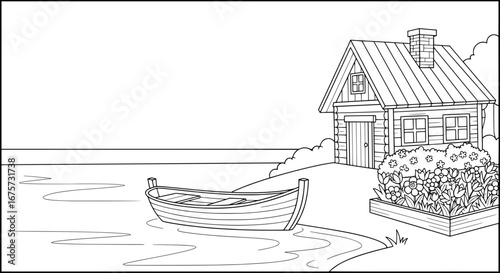 Cozy lakeside cottage with garden and boat with transparent background