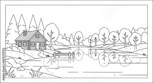 Landscape of a cabin with trees and pond with transparent background