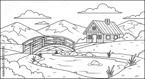 Scenic mountain landscape with cabin and bridge with transparent background