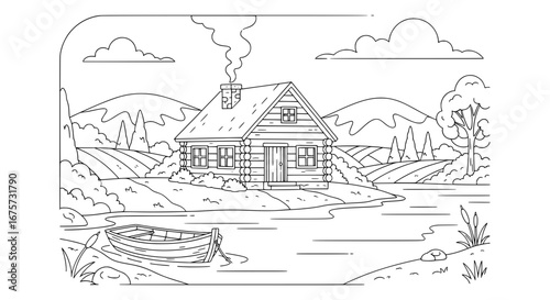 Log cabin on a lakeside with transparent background