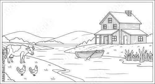 Rural landscape with house cow boat and ducks with transparent background