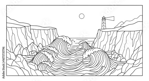 Seascape with lighthouse and waves on cliffs with transparent background