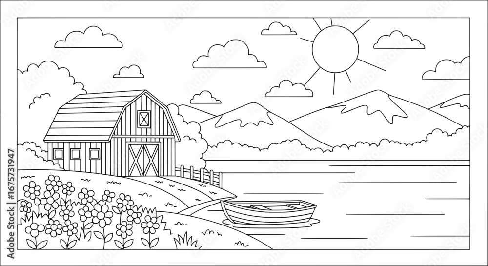 Obraz premium Mountain landscape with barn and boat on lake with transparent background