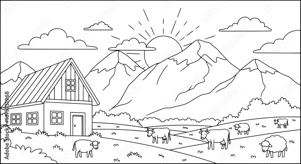 Fototapeta premium Mountain landscape with house and cows with transparent background