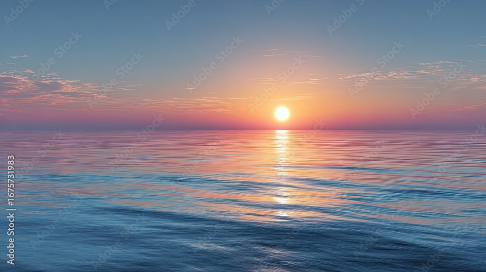 Obraz premium A serene sunset over calm waters, with vibrant colors reflecting on the surface, creating a tranquil and picturesque scene.