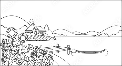 Scenic lakeside landscape with boat and house with transparent background