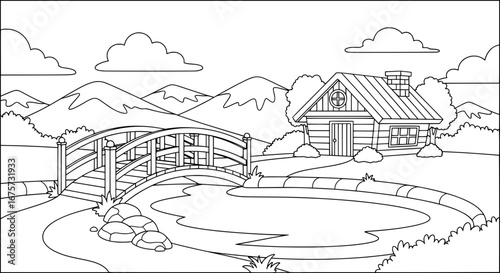 Log cabin near a bridge over a river with transparent background