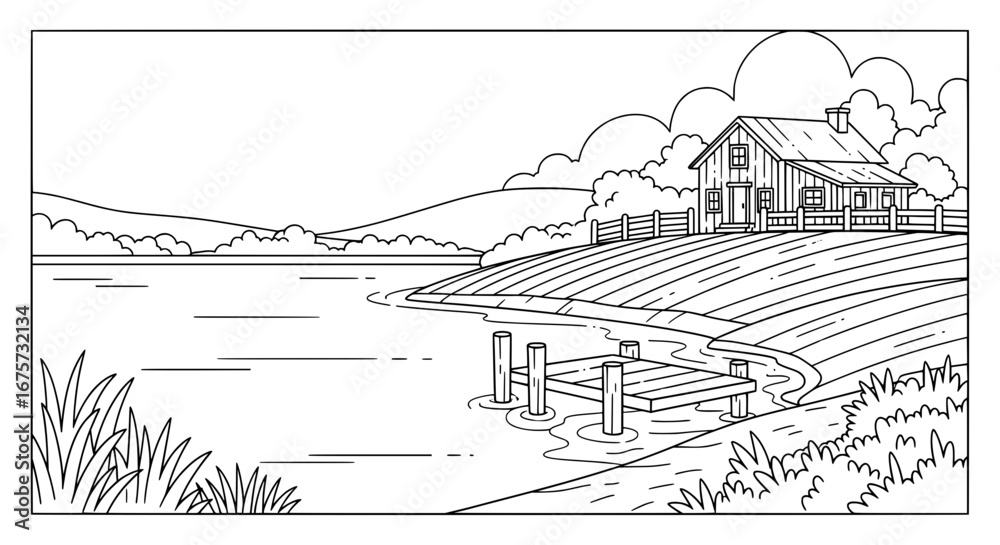 Fototapeta premium Rural landscape with house and lake with transparent background