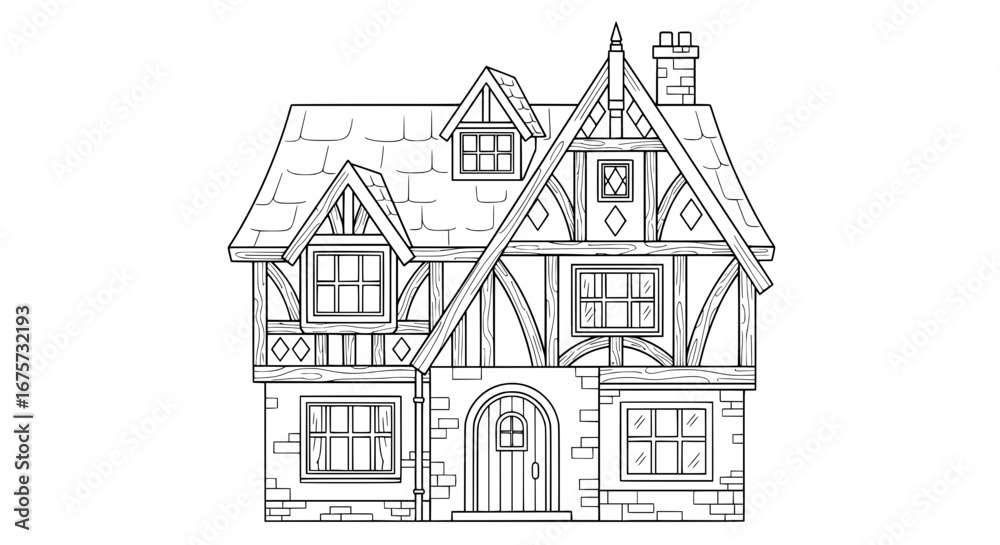 Traditional house with detailed architecture and steep roof Traditional house with detailed architecture and steep roof