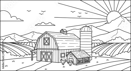 Farmhouse with barn silo and mountain scenery with transparent background