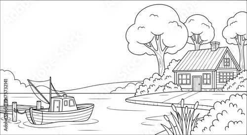 Lakeside cabin with trees and boat with transparent background