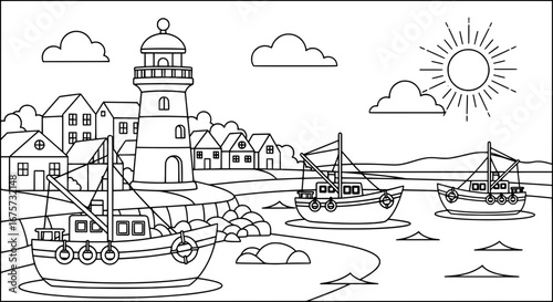 Seamless pattern of lighthouse and boats with transparent background