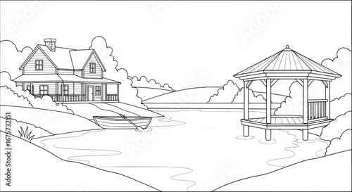 Scenic lakeside house and gazebo with transparent background