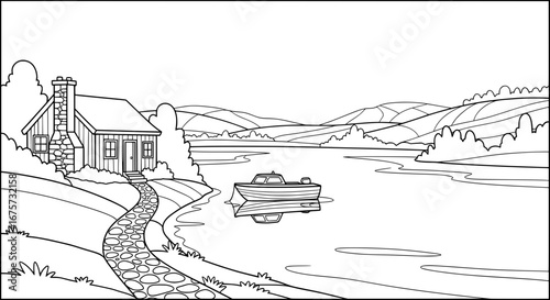 Scenic lakeside with house and boat with transparent background