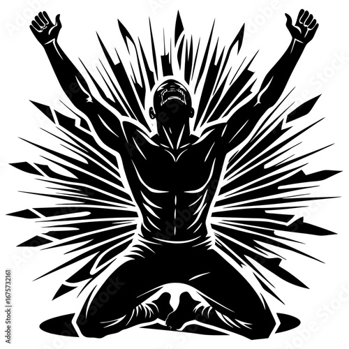 Dynamic illustration of muscular man kneeling with arms raised, surrounded by radiant energy burst of triumph and awakening