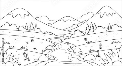 Scenic mountain landscape with river and trees with transparent background