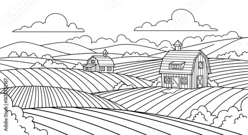 Rural landscape with barns and rolling hills