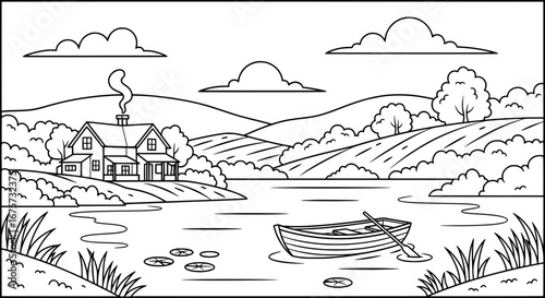 Scenic landscape with lake, house, trees and hills with transparent background
