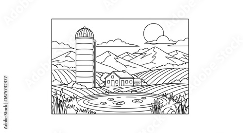 Mountain landscape with observatory and pond with transparent background